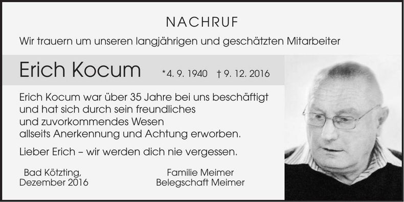 Traueranzeige Erich Kocum