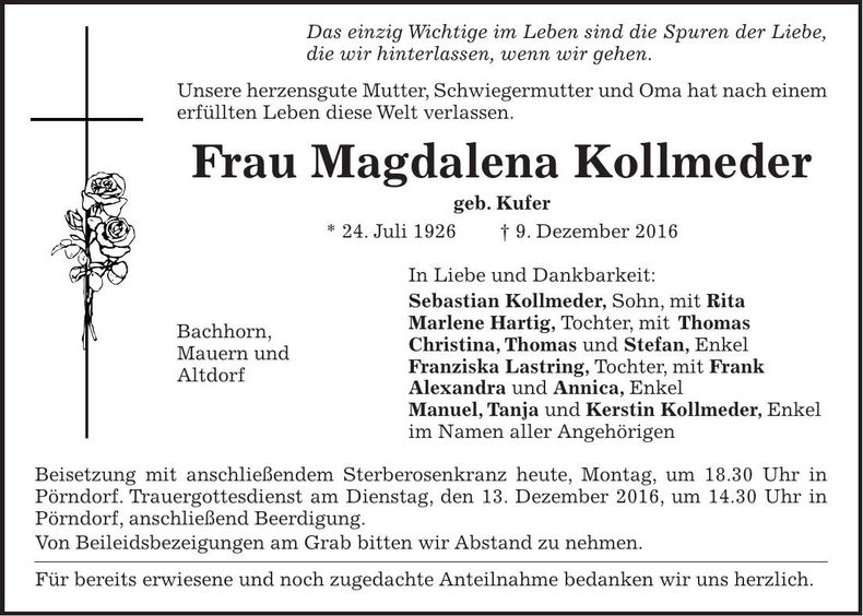 Traueranzeige Magdalena Kollmeder