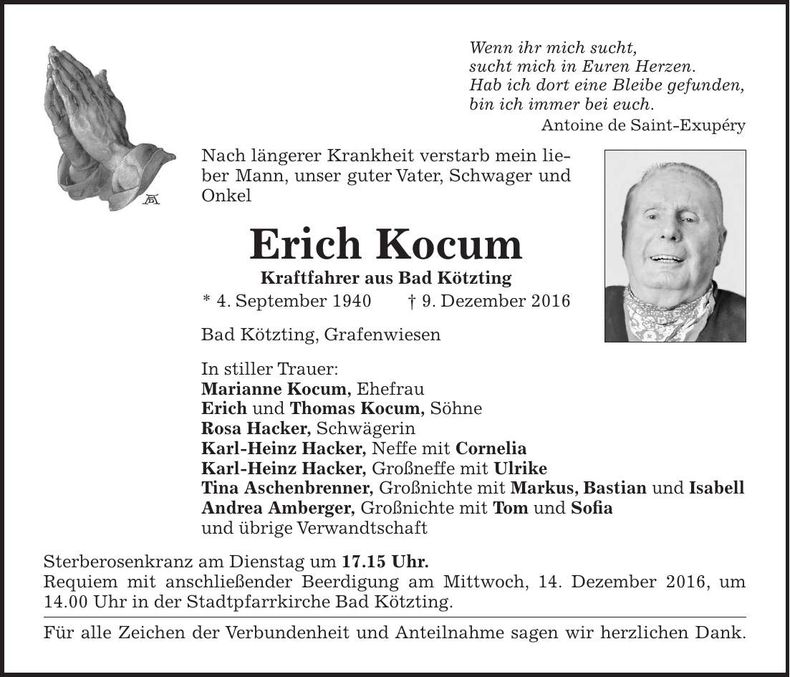 Traueranzeige Erich Kocum