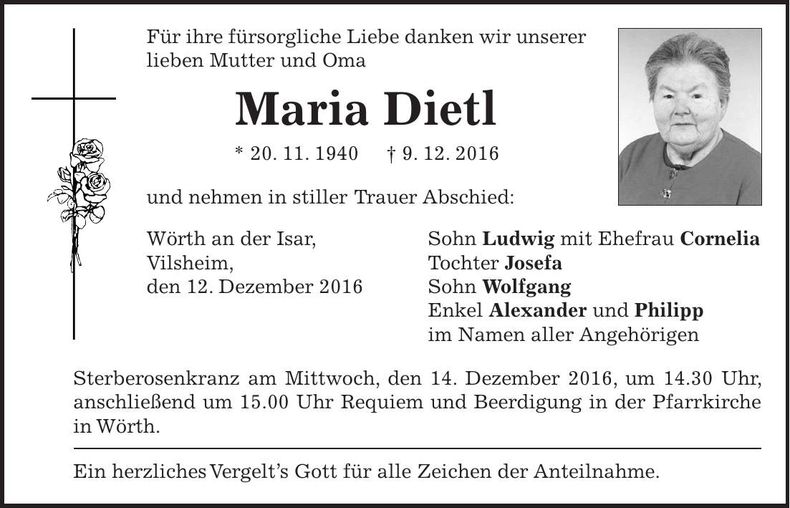 Traueranzeige Maria Dietl