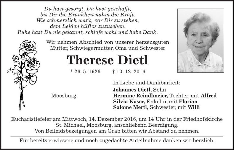 Traueranzeige Therese Dietl