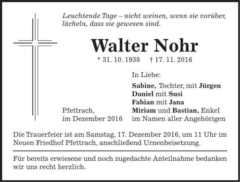 Traueranzeige Walter Nohr