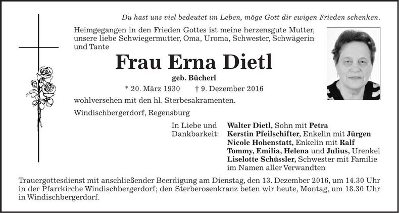 Traueranzeige Erna Dietl