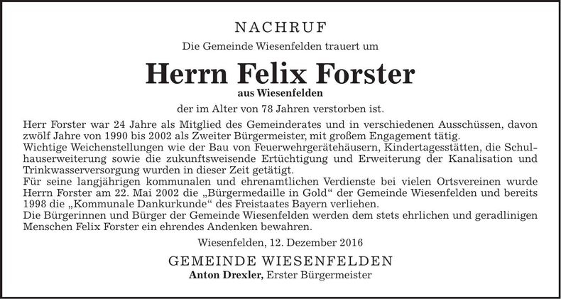 Traueranzeige Felix Forster