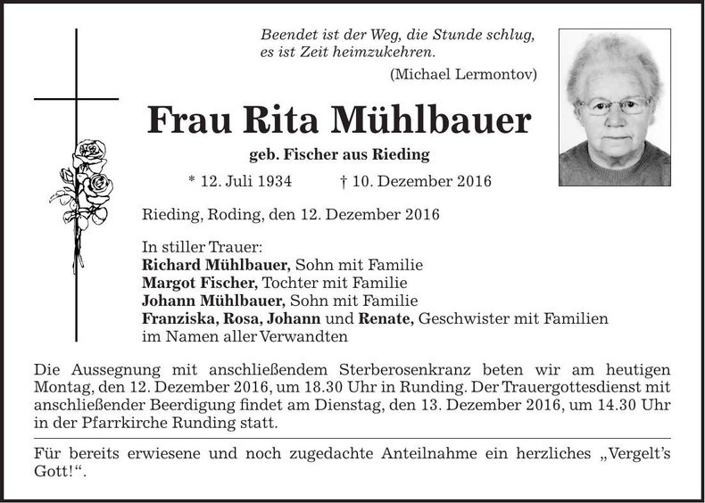 Traueranzeige Rita Mühlbauer