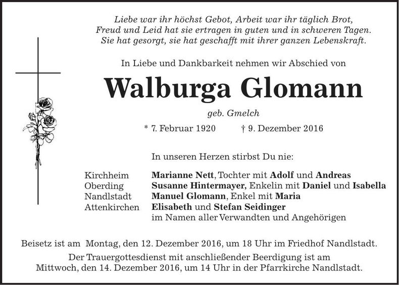Traueranzeige Walburga Glomann
