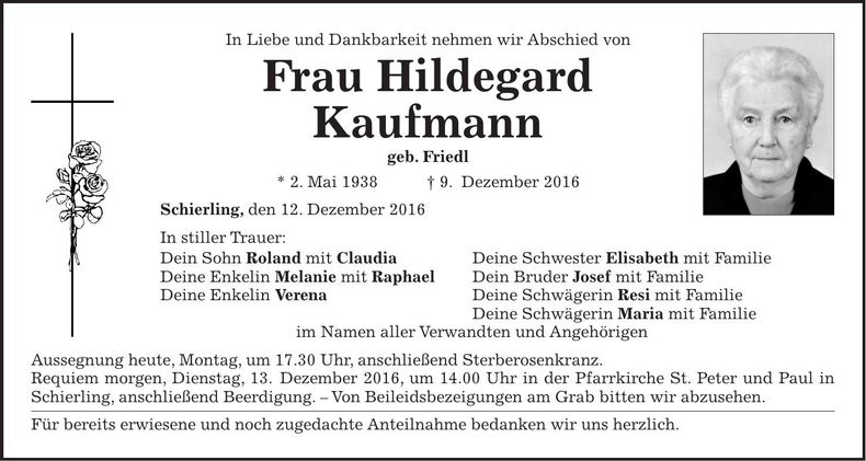 Traueranzeige Hildegard Kaufmann