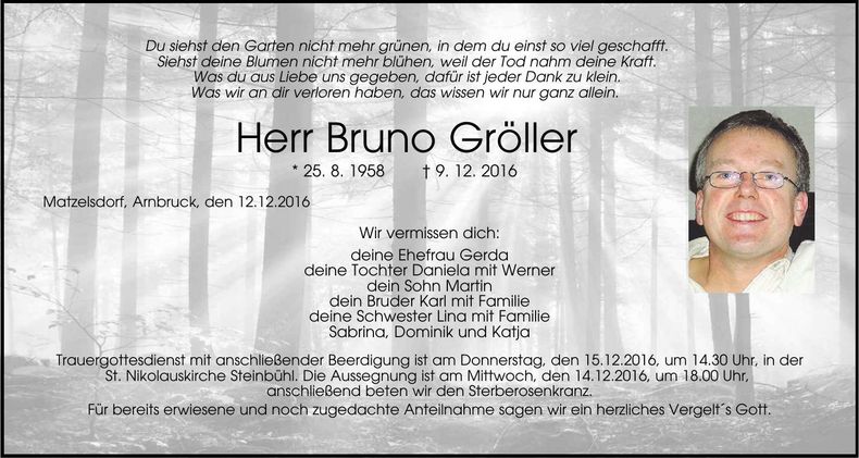 Traueranzeige Bruno Gröller