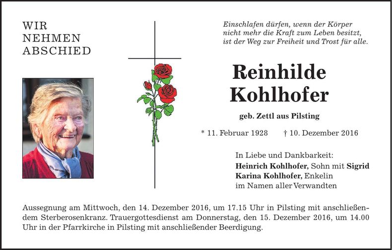 Traueranzeige Reinhilde Kohlhofer