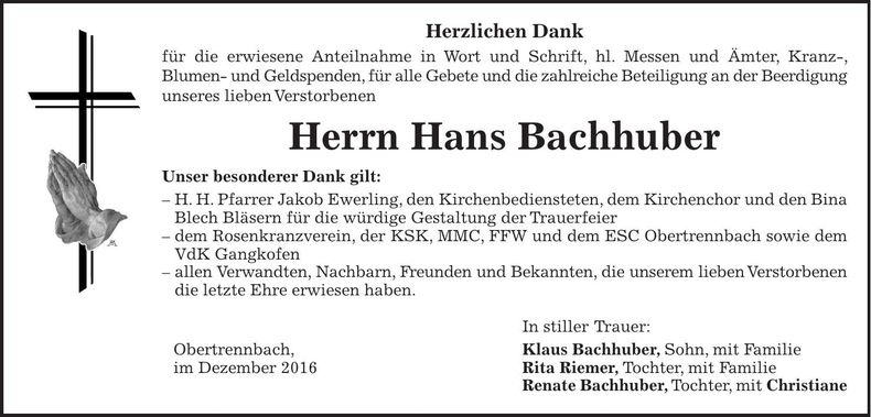 Traueranzeige Hans Bachhuber