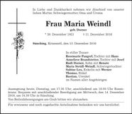 Traueranzeige Maria Weindl
