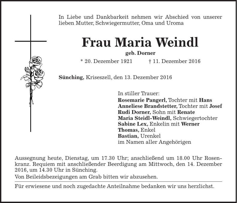 Traueranzeige Maria Weindl