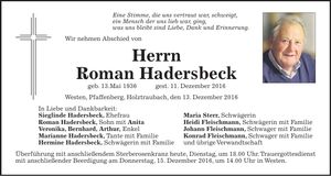Traueranzeige Roman Hadersbeck