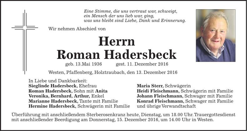 Traueranzeige Roman Hadersbeck