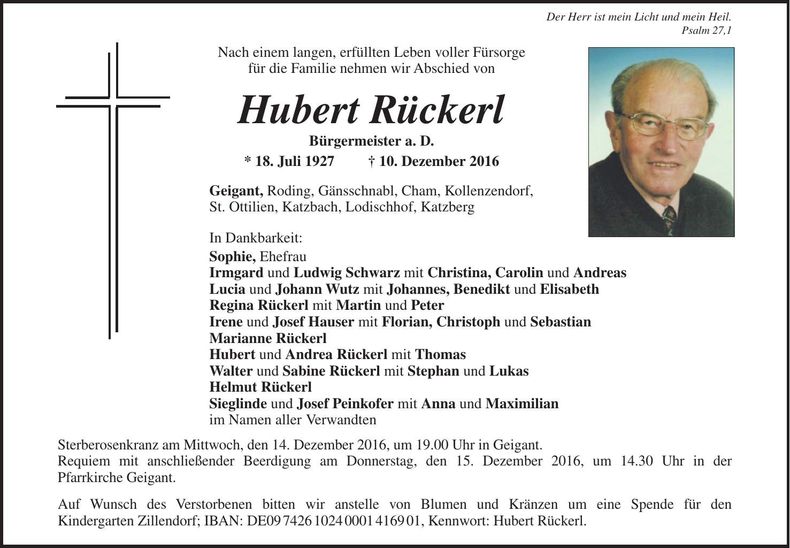 Traueranzeige Hubert Rückerl