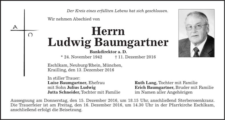Traueranzeige Ludwig Baumgartner