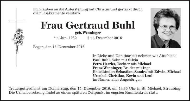Traueranzeige Gertraud Buhl