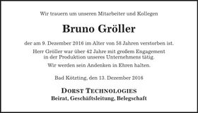 Traueranzeige Bruno Gröller