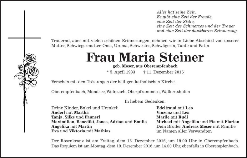 Traueranzeige Maria Steiner