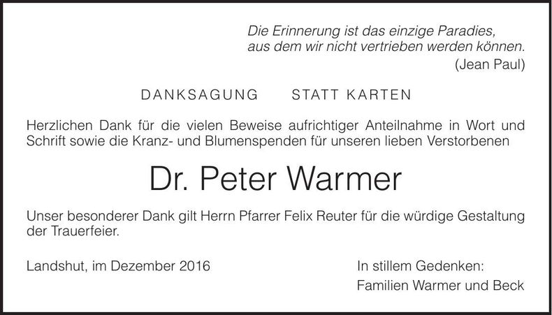 Traueranzeige Dr. Peter Warmer