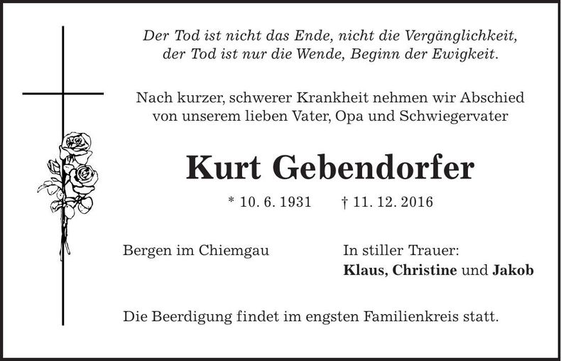 Traueranzeige Kurt Gebendorfer