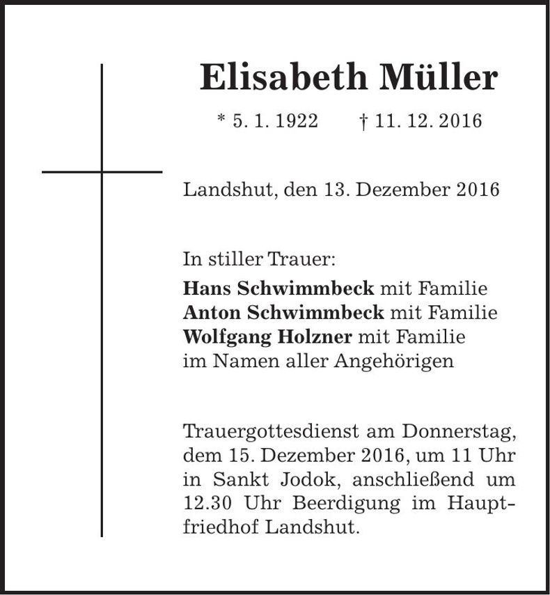 Traueranzeige Elisabeth Müller