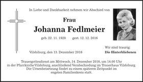 Traueranzeige Johanna Fedlmeier