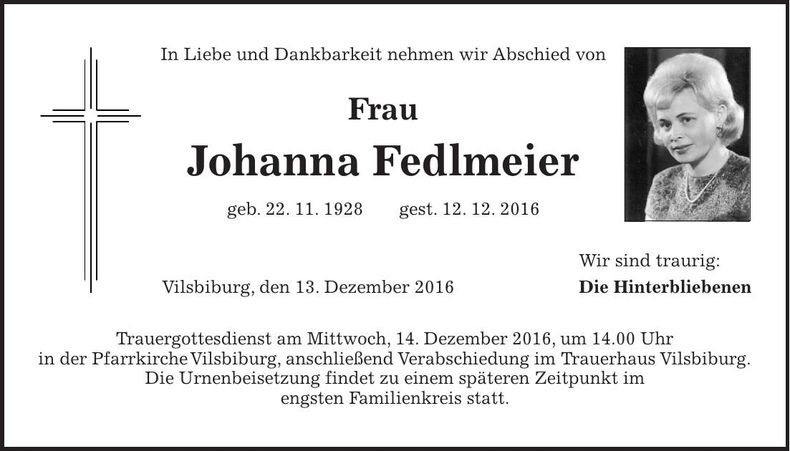 Traueranzeige Johanna Fedlmeier