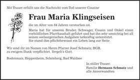 Traueranzeige Maria Klingseisen