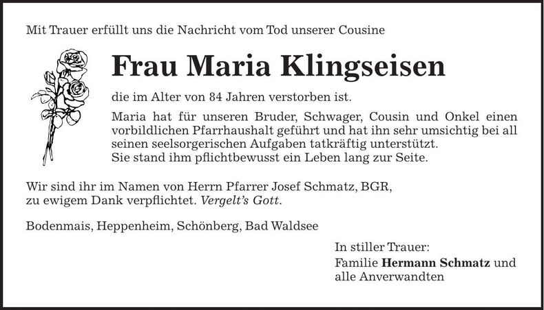 Traueranzeige Maria Klingseisen