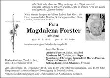 Traueranzeige Magdalena Forster