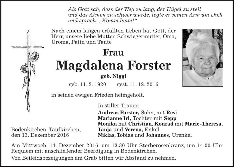 Traueranzeige Magdalena Forster