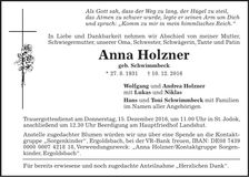 Traueranzeige Anna Holzner