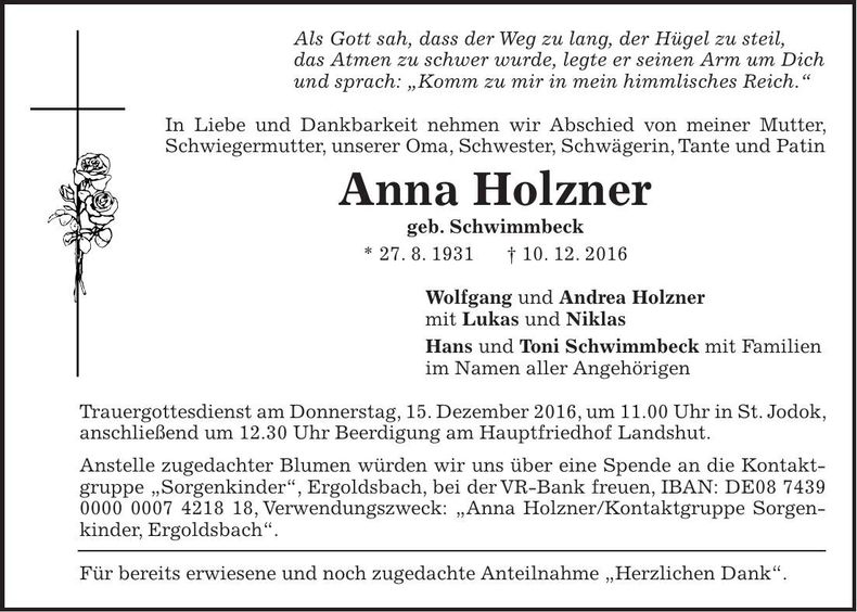Traueranzeige Anna Holzner