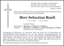 Traueranzeige Sebastian Ranft