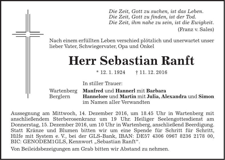 Traueranzeige Sebastian Ranft