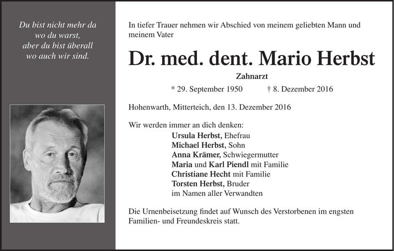 Traueranzeige Mario Herbst