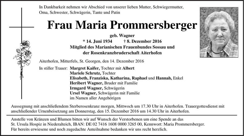 Traueranzeige Maria Prommersberger