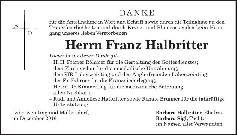 Traueranzeige Franz Halbritter