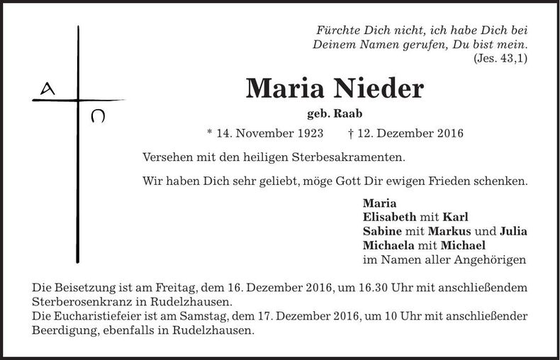 Traueranzeige Maria Nieder