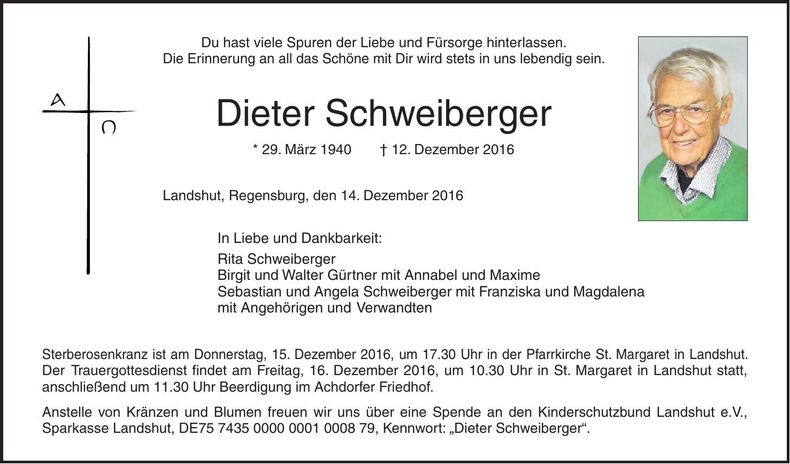 Traueranzeige Dieter Schweiberger