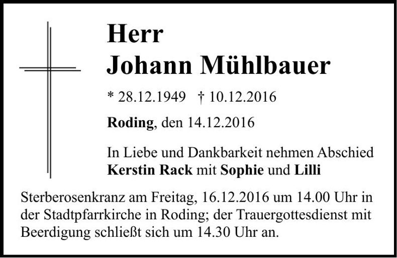 Traueranzeige Johann Mühlbauer