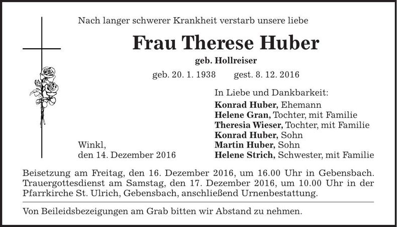 Traueranzeige Therese Huber
