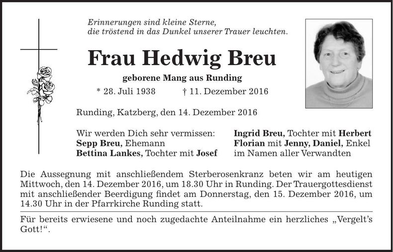 Traueranzeige Hedwig Breu