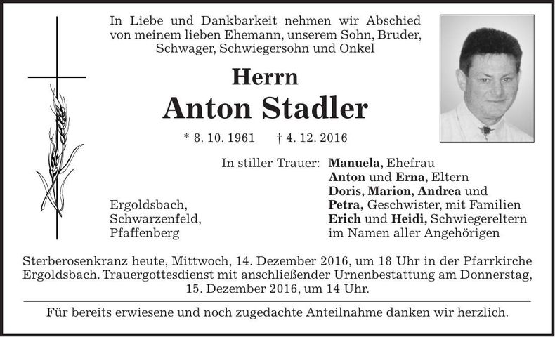 Traueranzeige Anton Stadler