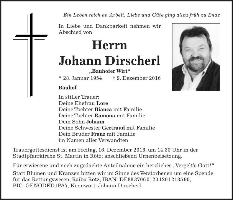 Traueranzeige Johann Dirscherl