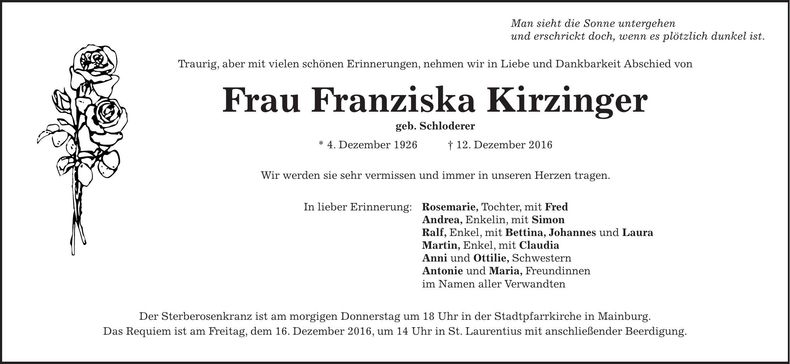 Traueranzeige Franziska Kirzinger