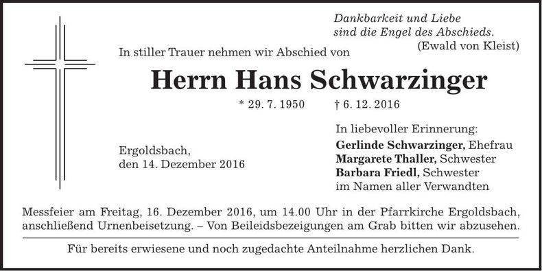 Traueranzeige Hans Schwarzinger