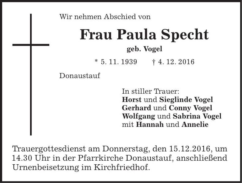 Traueranzeige Paula Specht