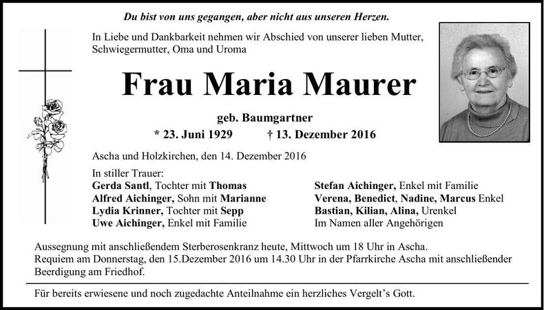 Traueranzeige Maria Maurer
